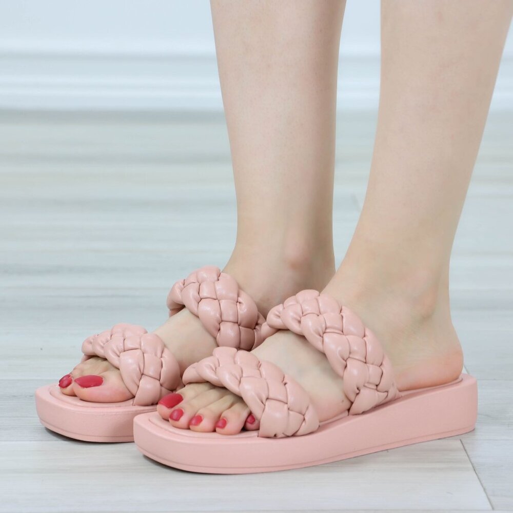 Pink Braided Low Platform Sandals Double Strap Slip On Open Toe
